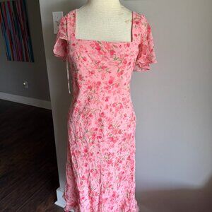 Vintage Y2K David Warren 100% Silk Pink Floral Flutter Sleeve Midi Dress